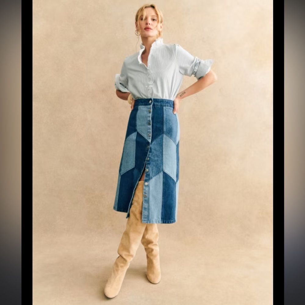 Sezane Alexane Patchwork Denim Midi Skirt Size 14 - Picture 9 of 9